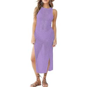 imageBsubseach Crochet Cover Ups for Women Hollow Out Sleeveless Bikini Swimsuit Swimwear Side Split Long Beach DressesCpurple