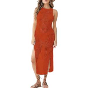 imageBsubseach Crochet Cover Ups for Women Hollow Out Sleeveless Bikini Swimsuit Swimwear Side Split Long Beach DressesCred