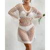 imageBsubseach Crochet Swimsuit Coverup for Women Long Sleeve Beach Dress Coverups Sheer Knit Beachwear Vacation OutfitsWhite