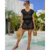 imageBsubseach Women Hollow Out Beachwear Swim Cover Ups Short Sleeve V Neck Beach Vacation Tunic DressBlack