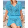 imageBsubseach Women Hollow Out Beachwear Swim Cover Ups Short Sleeve V Neck Beach Vacation Tunic DressHollow Out Bright Blue