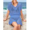imageBsubseach Women Hollow Out Beachwear Swim Cover Ups Short Sleeve V Neck Beach Vacation Tunic DressHollow Out Cyan