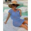 imageBsubseach Women Hollow Out Beachwear Swim Cover Ups Short Sleeve V Neck Beach Vacation Tunic DressHollow Out Cyan