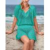 imageBsubseach Women Hollow Out Beachwear Swim Cover Ups Short Sleeve V Neck Beach Vacation Tunic DressHollow Out Green