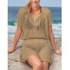 imageBsubseach Women Hollow Out Beachwear Swim Cover Ups Short Sleeve V Neck Beach Vacation Tunic DressHollow Out Khaki