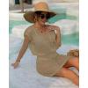 imageBsubseach Women Hollow Out Beachwear Swim Cover Ups Short Sleeve V Neck Beach Vacation Tunic DressHollow Out Khaki