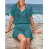 imageBsubseach Women Hollow Out Beachwear Swim Cover Ups Short Sleeve V Neck Beach Vacation Tunic DressHollow Out Peacock Green