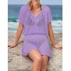 imageBsubseach Women Hollow Out Beachwear Swim Cover Ups Short Sleeve V Neck Beach Vacation Tunic DressHollow Out Purple