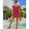 imageBsubseach Women Hollow Out Beachwear Swim Cover Ups Short Sleeve V Neck Beach Vacation Tunic DressHollow Out Red