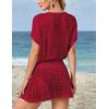 imageBsubseach Women Hollow Out Beachwear Swim Cover Ups Short Sleeve V Neck Beach Vacation Tunic DressHollow Out Wine Red