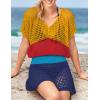 imageBsubseach Women Hollow Out Beachwear Swim Cover Ups Short Sleeve V Neck Beach Vacation Tunic DressMulticolor4