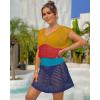imageBsubseach Women Hollow Out Beachwear Swim Cover Ups Short Sleeve V Neck Beach Vacation Tunic DressMulticolor4