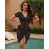 imageBsubseach Womens Swimwear Cover Ups Crochet Beach Dress with Drawstring Sexy V Neck Mini Dress Vacation Knit BeachwearBlack