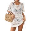 imageBsubseach Crochet Cover Ups for Women Hollow Out Knit Bikini Swimwear Swimsuit Cover Up Beach Dress DrawstringWhite