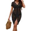 imageBsubseach Womens Swimwear Cover Ups Crochet Beach Dress with Drawstring Sexy V Neck Mini Dress Vacation Knit BeachwearBlack