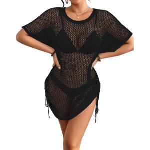 imageBsubseach Crochet Beach Cover Ups for Women Hollow Out Swim Suit Cover Up Drawstring Bathing Suit Swimwear Coverup DressBlack