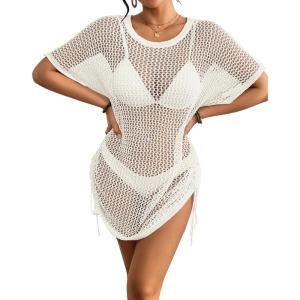 imageBsubseach Crochet Beach Cover Ups for Women Hollow Out Swim Suit Cover Up Drawstring Bathing Suit Swimwear Coverup DressWhite
