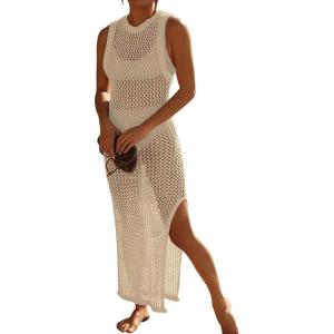 imageBsubseach Crochet Cover Ups for Swimwear Women Hollow Out Swimsuit Coverup Backless Bikini Beach DressApricot