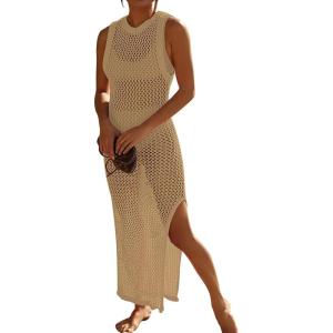 imageBsubseach Crochet Cover Ups for Swimwear Women Hollow Out Swimsuit Coverup Backless Bikini Beach DressKhaki