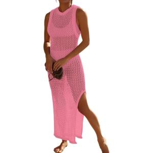 imageBsubseach Crochet Cover Ups for Swimwear Women Hollow Out Swimsuit Coverup Backless Bikini Beach DressPink