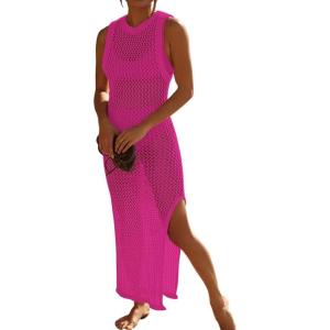 imageBsubseach Crochet Cover Ups for Swimwear Women Hollow Out Swimsuit Coverup Backless Bikini Beach DressRose Red