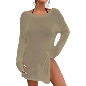 imageBsubseach Crochet Cover Ups for Women Bathing Suit Cover Up Dress Mesh Beach TopCamel
