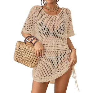 imageBsubseach Crochet Cover Ups for Women Hollow Out Knit Bikini Swimwear Swimsuit Cover Up Beach Dress DrawstringApricot