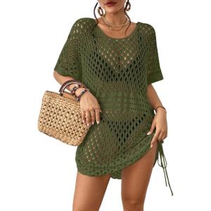 imageBsubseach Crochet Cover Ups for Women Hollow Out Knit Bikini Swimwear Swimsuit Cover Up Beach Dress DrawstringArmy Green