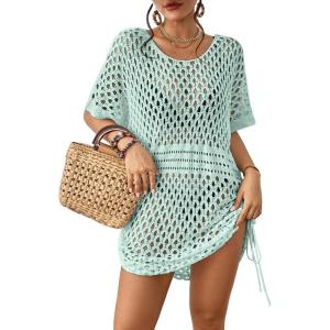 imageBsubseach Crochet Cover Ups for Women Hollow Out Knit Bikini Swimwear Swimsuit Cover Up Beach Dress DrawstringBaby Blue