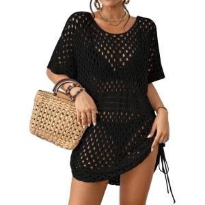 imageBsubseach Crochet Cover Ups for Women Hollow Out Knit Bikini Swimwear Swimsuit Cover Up Beach Dress DrawstringBlack