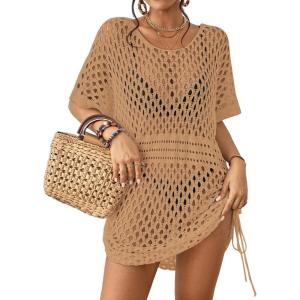 imageBsubseach Crochet Cover Ups for Women Hollow Out Knit Bikini Swimwear Swimsuit Cover Up Beach Dress DrawstringCamel