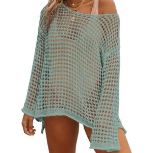 imageBsubseach Crochet Cover Ups for Women Sexy Hollow Out Swim Cover Up Knit Summer OutfitsEgrey Green