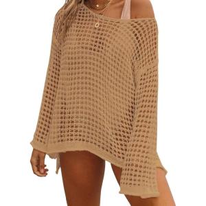 imageBsubseach Crochet Cover Ups for Women Sexy Hollow Out Swim Cover Up Knit Summer OutfitsEkhaki