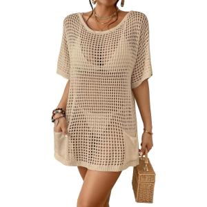 imageBsubseach Crochet Swimsuit Coverup for Women Hollow Out Bikini Swimwear Mesh Knit Beach Dress with PocketsApricot