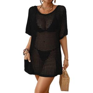 imageBsubseach Crochet Swimsuit Coverup for Women Hollow Out Bikini Swimwear Mesh Knit Beach Dress with PocketsBlack