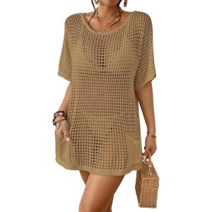 imageBsubseach Crochet Swimsuit Coverup for Women Hollow Out Bikini Swimwear Mesh Knit Beach Dress with PocketsCamel