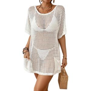 imageBsubseach Crochet Swimsuit Coverup for Women Hollow Out Bikini Swimwear Mesh Knit Beach Dress with PocketsWhite