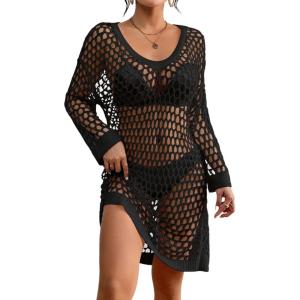 imageBsubseach Crochet Swimsuit Coverup for Women Long Sleeve Beach Dress Coverups Sheer Knit Beachwear Vacation OutfitsBlack
