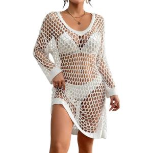 imageBsubseach Crochet Swimsuit Coverup for Women Long Sleeve Beach Dress Coverups Sheer Knit Beachwear Vacation OutfitsWhite