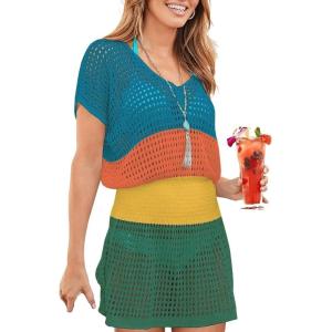 imageBsubseach Women Hollow Out Beachwear Swim Cover Ups Short Sleeve V Neck Beach Vacation Tunic DressMulticolor2