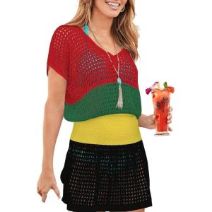 imageBsubseach Women Hollow Out Beachwear Swim Cover Ups Short Sleeve V Neck Beach Vacation Tunic DressMulticolor3