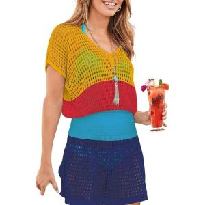 imageBsubseach Women Hollow Out Beachwear Swim Cover Ups Short Sleeve V Neck Beach Vacation Tunic DressMulticolor4