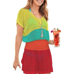 imageBsubseach Women Hollow Out Beachwear Swim Cover Ups Short Sleeve V Neck Beach Vacation Tunic DressMulticolor5