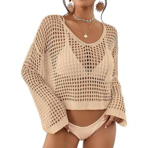 imageBsubseach Womens Crochet Crop Top Beach Swimsuit Cover Up Long Sleeve Hollow Out Bathing Suit Cover UpsApricot