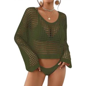 imageBsubseach Womens Crochet Crop Top Beach Swimsuit Cover Up Long Sleeve Hollow Out Bathing Suit Cover UpsArmy Green