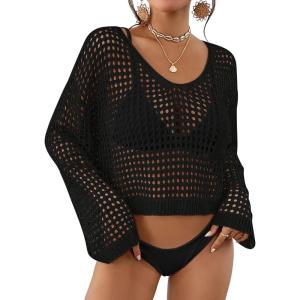 imageBsubseach Womens Crochet Crop Top Beach Swimsuit Cover Up Long Sleeve Hollow Out Bathing Suit Cover UpsBlack