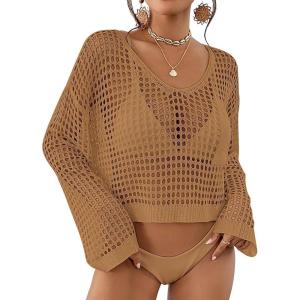 imageBsubseach Womens Crochet Crop Top Beach Swimsuit Cover Up Long Sleeve Hollow Out Bathing Suit Cover UpsCamel