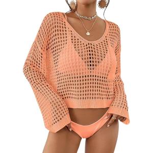 imageBsubseach Womens Crochet Crop Top Beach Swimsuit Cover Up Long Sleeve Hollow Out Bathing Suit Cover UpsCoral Pink