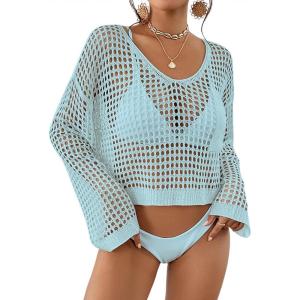 imageBsubseach Womens Crochet Crop Top Beach Swimsuit Cover Up Long Sleeve Hollow Out Bathing Suit Cover UpsLight Blue