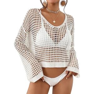 imageBsubseach Womens Crochet Crop Top Beach Swimsuit Cover Up Long Sleeve Hollow Out Bathing Suit Cover UpsWhite